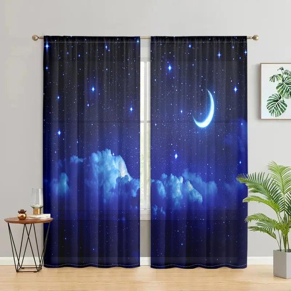 2 Piezas, Cortinas Galaxy Moon Star - Cortinas Semitransparentes Con Bolsillo Para Barra - Sala De Estar, Dormitorio, Cocina, DecoracióN Del Hogar W150CM H166Cm&Rod Pocket-image