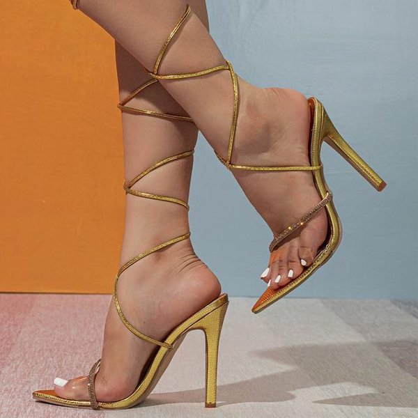 Sandalias De Verano De DiseñAdor Con Tiras Cruzadas Para Mujer, Sandalias De TacóN Alto, Sandalias De Punta Puntiaguda Doradas, Sandalias Sexis De TacóN De Aguja Para Fiesta, Sandalias Con Tiras Cruzadas 33 Oro-image