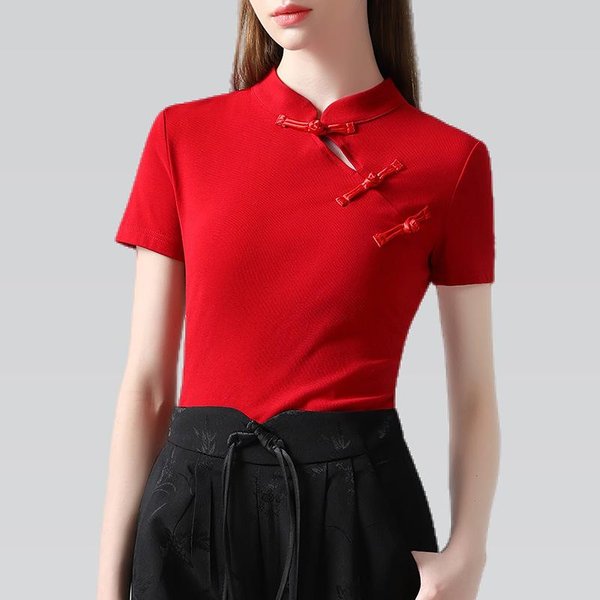 Nueva Camiseta De Cuello Alto Con Tapeta Inclinada De Estilo Chino Para Verano Nueva Camiseta De Manga Corta De Estilo Chino Retro De Alta Gama Para Mujer XL Rojo-image