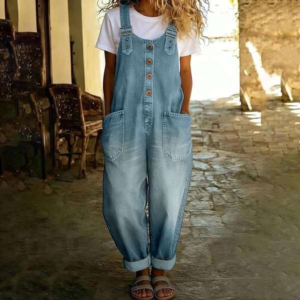 Damski LuźNy DżInsowy Kombinezon Casualowy W Stylu Retro Z ZapięCiem Na Guziki S Jasny Kolor Niebieski-image