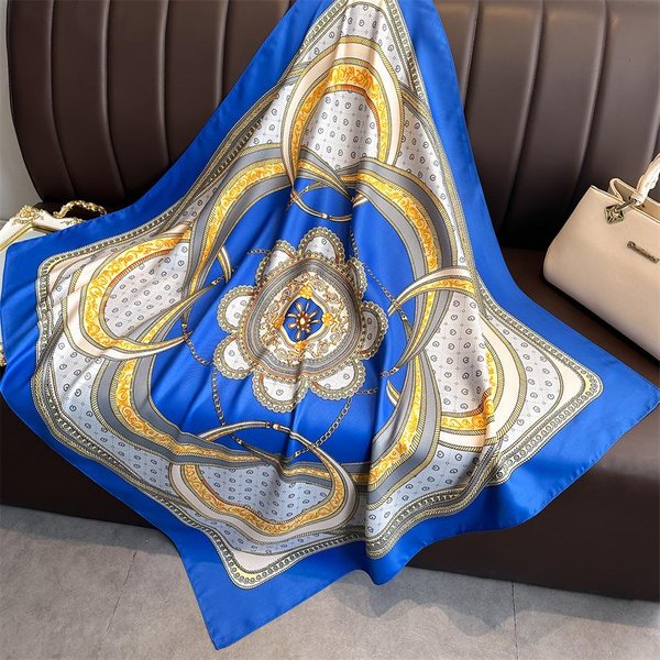 Kwadratowy Jedwabny Szalik 90*90Cm Damski Szal Z Nadrukiem Satynowy HidżAb Damski Luksusowy Foulard Szalik Chusta Bandana Opaska Na GłOwę Dla Dziewczynki 90X90Cm Blue-image