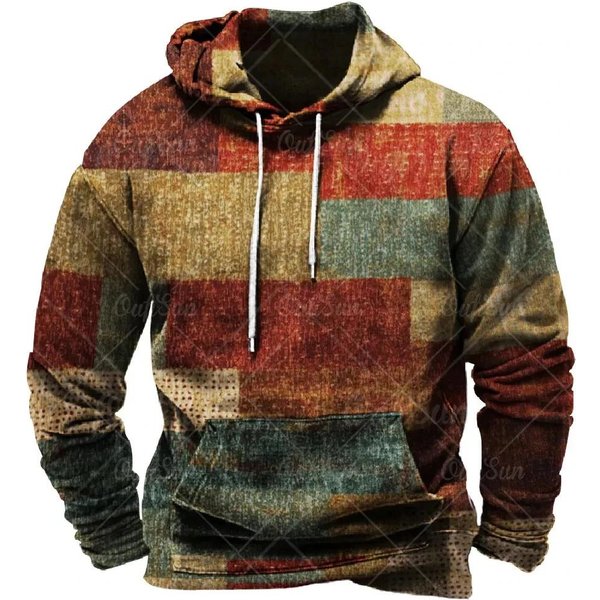 Nowa Retro MęSka Bluza Z Kapturem 3D W Kratę Z Nadrukiem Kolorowa Bluza Z Kapturem Bluza Z DłUgim RęKawem Pulower Street MęSka Codzienna LuźNa GóRa Wygodna M Brown-image