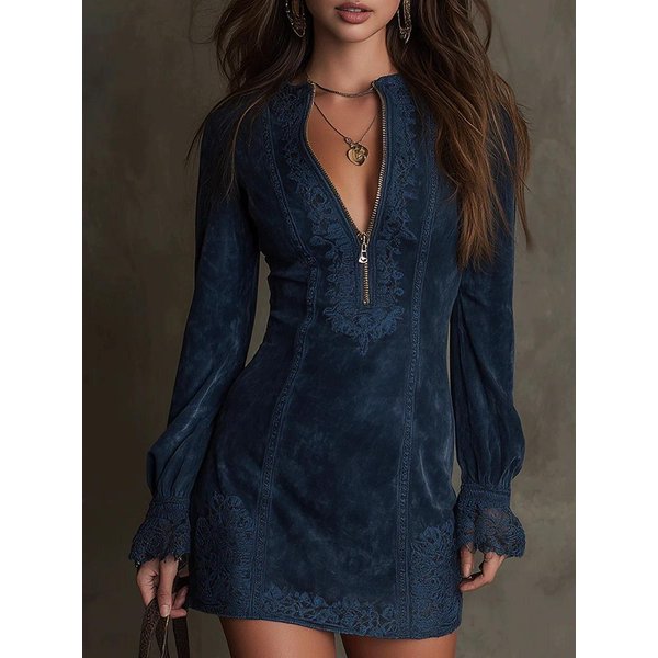 Vestido Suelto Bordado De Manga Larga Con Escote En V, Ribete De Encaje Y Cremallera Para Mujer Xxxl Black-image