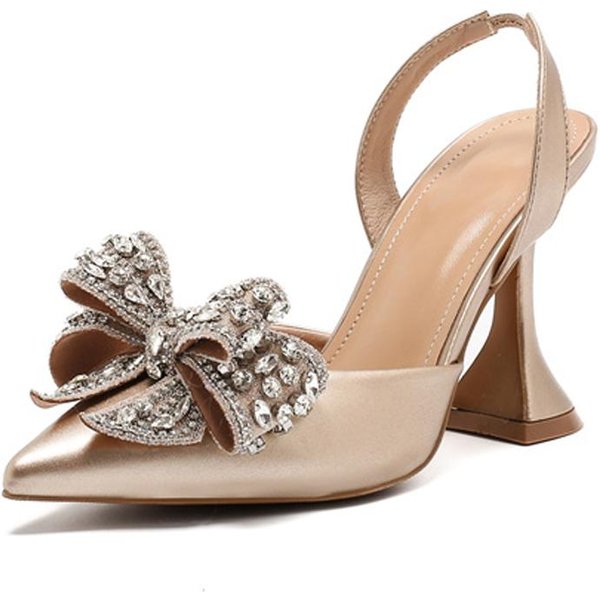 Liyke Fashion Brokatowe KryształOwe Kokardy Damskie CzółEnka Seksowne Szpiczaste Czerwone Wysokie Obcasy Buty ŚLubne Bankietowe Damskie SandałY Slingback 41 Beige-image