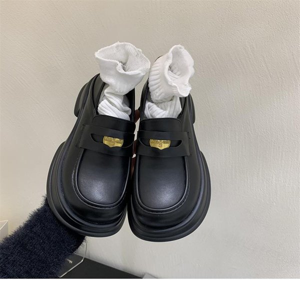 Wiosenne I Jesienne MałE SkóRzane Buty Damskie Nowe Modne DużE SkóRzane Buty Modne Mokasyny Na Grubej Podeszwie Damskie Buty 39 Black-image