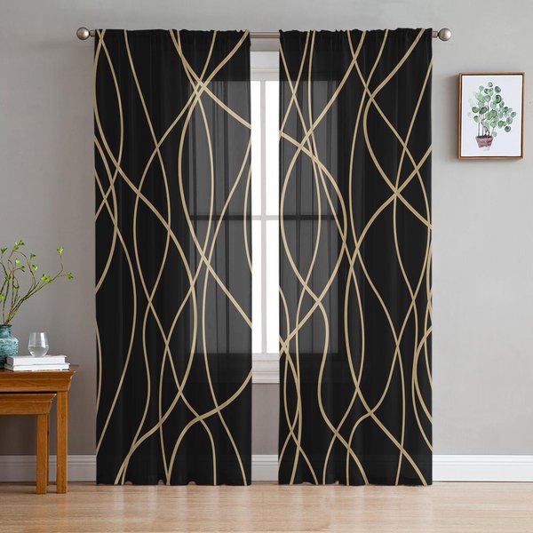 LíNeas Retorcidas Arte Moderno Cortinas Negras Transparentes Para DecoracióN De Sala De Estar Cortinas De Ventana Cocina Tul Voile Organza Cortinas W135 X H160Cm X1-image