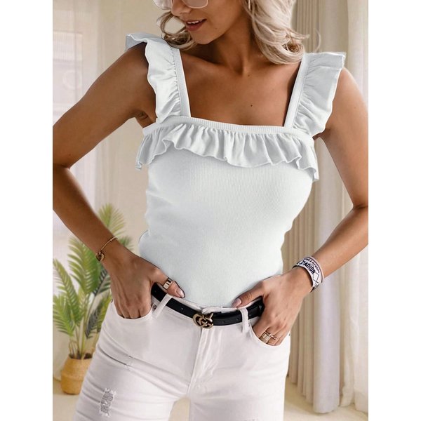 Damski Top Na RamiąCzkach Z Falbanką, Kwadratowy Dekolt, Bez RęKawóW, Dzianinowy, GłAdki, Letni Tank Top L White-image