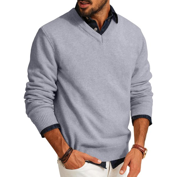 SuéTeres De Cuello En V Para Hombre Casual Punto Ligero SuéTer De Vestir Manga Larga Ajustado OtoñO Invierno Jersey M Gris Claro-image