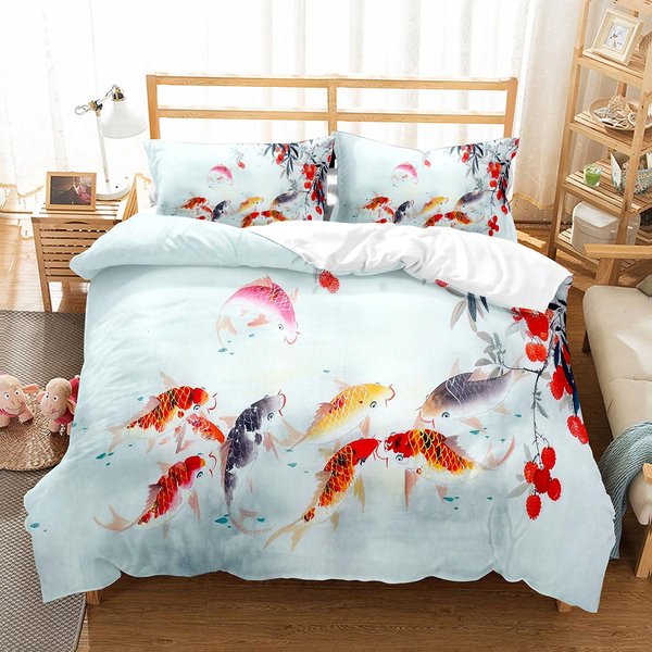 Zestaw Poszewek Na KołDrę Z Rybami WzóR Karpia Koi Poliester Rozmiar King Queen Full Dzieci MłOdzież PośCiel Z Poszewkami Na Poduszki EU Single(135X200Cm) Beige-image