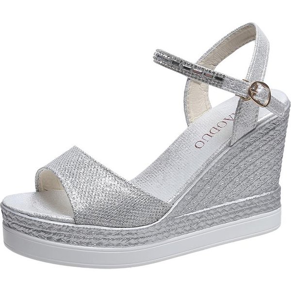 Sandalias De CuñA De Lujo Para Mujer Sandalias De Plataforma De Verano Puntera Descubierta Suela Gruesa Zapatos De TacóN Alto Para SeñOras 35 Plata-image