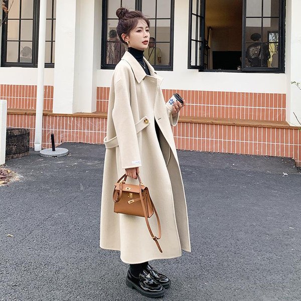 Abrigo De Cachemira Doble Cara Blanco Roto Para Mujer OtoñO E Invierno Nuevo Estilo Hasta La Rodilla Estilo Hepburn Abrigo De Lana M-image