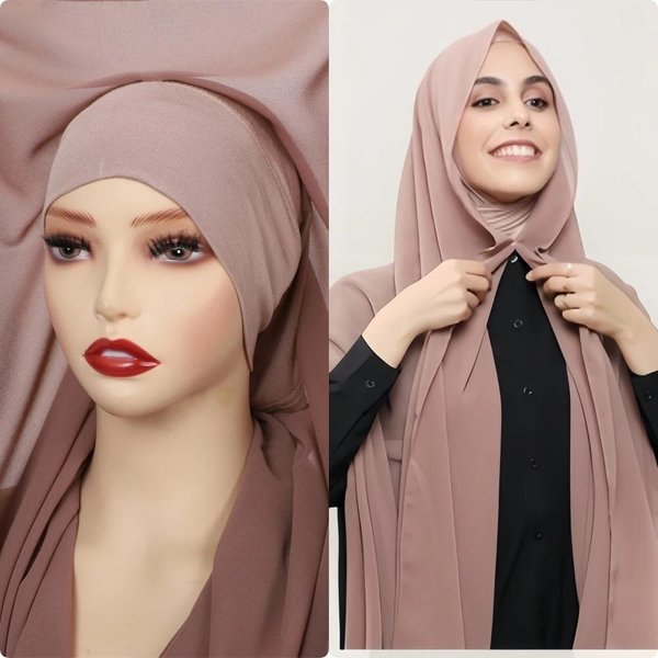 PañUelo Hijab Premium InstantáNeo De Gasa Con Imanes Integrados Color SóLido Bufanda Chal Para Mujeres Musulmanas Con Gorro Debajo-image