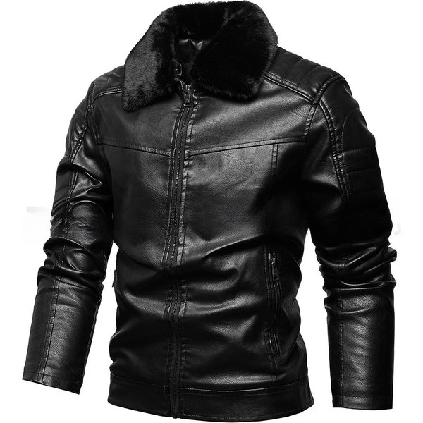 Invierno Nuevo Terciopelo Engrosado Cuello De Piel Desmontable Abrigo De Moda Chaqueta De Cuero Para Hombre Ropa Para Hombre 2XL Black-image