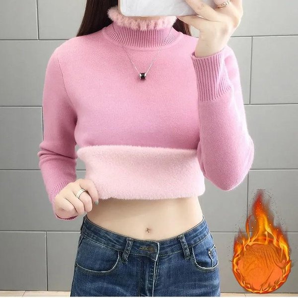 SuéTer De Forro Polar Con Volantes Para Mujer OtoñO E Invierno Cuello Medio Alto Acolchado Engrosado CáLido Tejido Camiseta Base XXL Color Rosa-image