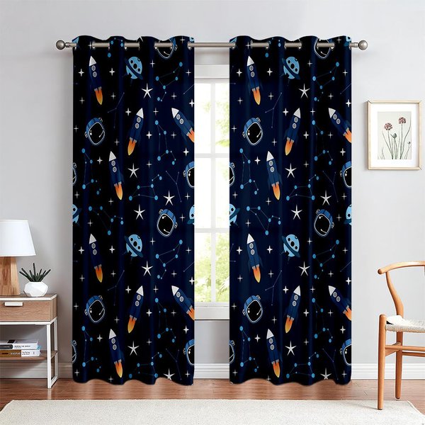Cortinas Estampadas De Astronauta De Dibujos Animados, Cortinas De Alto Bloqueo De Luz Y Aislamiento TéRmico, Cortinas Decorativas Para Dormitorio, Sala De Estar W100Xh130(Cm) Folio&Grommet Top-image