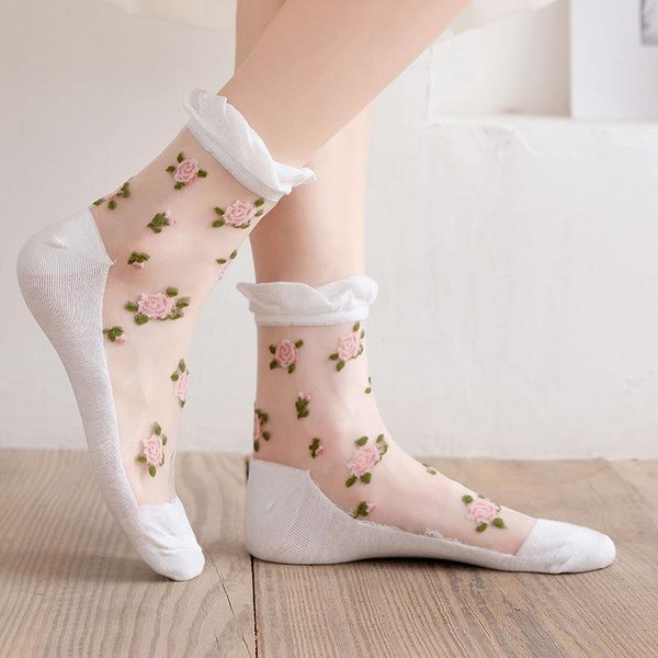 Letnie Ultra-Cienkie Przezroczyste KryształOwe Jedwabne Skarpetki Haftowany Kwiat Retro Kobiety Skarpetki Moda Harajuku Kawaii Elastyczne DłUgie Skarpetki Beige-image