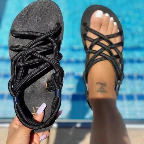 Sandalias Zapatos Mujer Cuerda Trenzada Zapatos De Playa Punta Abierta Sandalias De Playa Romanas De Gladiador Para Mujer Chanclas Antideslizantes 39 Negro-image