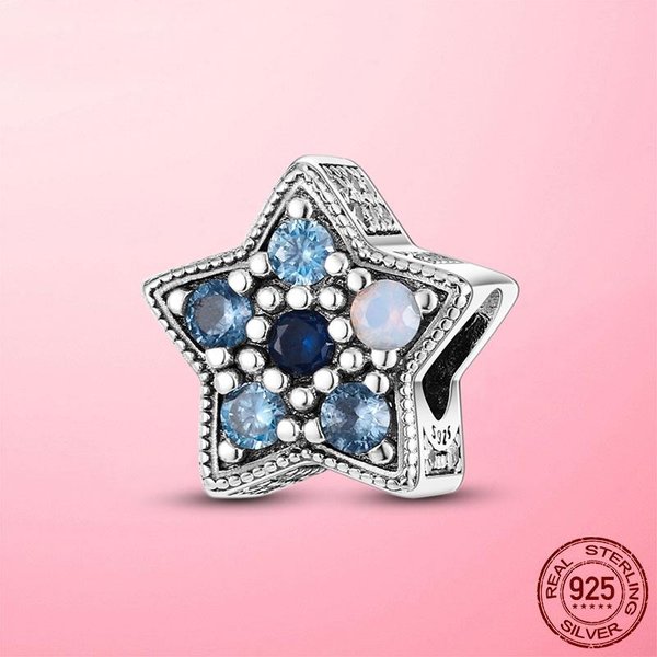 S925 Plata De Ley 925 Encanto De Estrella Azul Brillante Cuentas De Circonita CúBica Azul Se Adapta A Pulsera De Charms De Moda Original JoyeríA De Plata 925 FabricacióN White-image