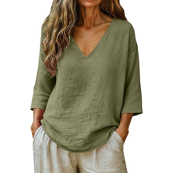 Top De AlgodóN Slub Para Mujer, Nuevo, Primavera-Verano, Manga 3/4, Cuello En V, Holgado, Moda Casual, Blusa M-image