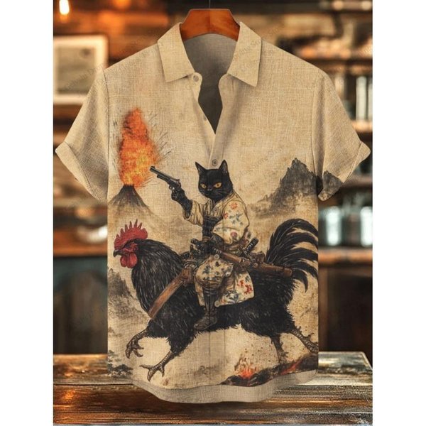 Camisa Hawaiana De Verano Para Hombre, Estilo Vintage, CaligrafíA, Gato, Dinosaurio, Estampado 3D, Manga Corta, Camisas Casuales Para La Playa L-image