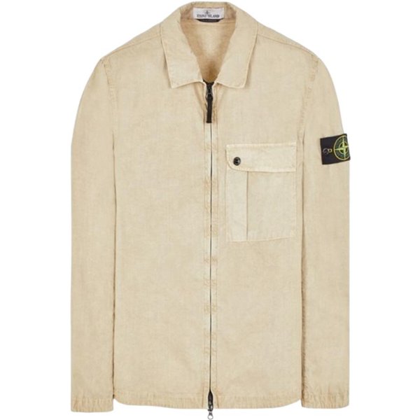 Stone Island Ss24 Bolsillo Lavado Desgastado Cepillado AlgodóN Cuello Puntiagudo Doble Cremallera Camisa Chaqueta Hombre Chaqueta Caqui 8015119WN-V0195 S-image