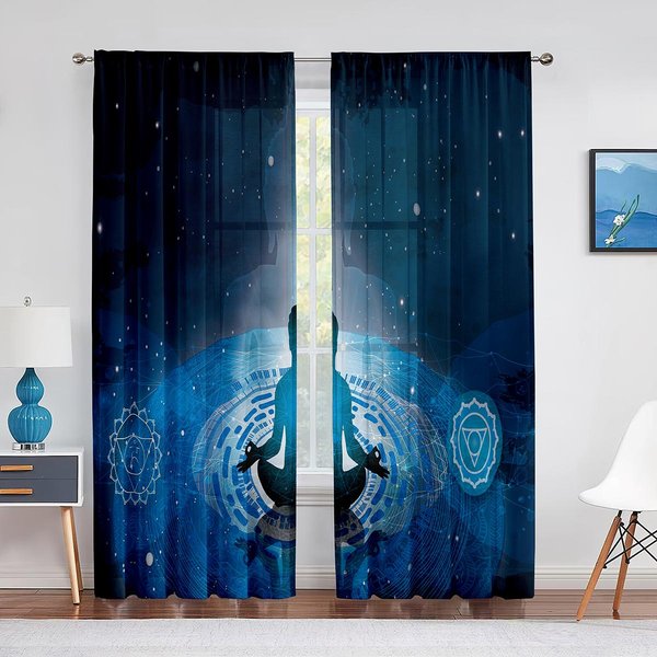 Siedem Czakr Joga Medytacja Zen Przezroczyste ZasłOny Do Dekoracji Salonu Sypialni Okna Kuchennego Woale Tiulowe ZasłOny Draperie ŻAluzje 1 PCS W100Xh250Cm&Rod Pocket Black-image