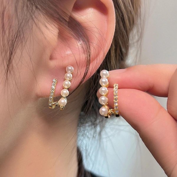Pendientes De Perlas, DiseñO Nicho De Doble Onda Vertical Lujo Ligero, Pendientes De Tuerca VersáTiles Para Mujer Oro-image
