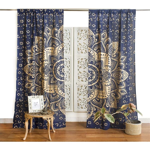 Cortinas Bohemianas Con PatróN De Mandala Estilo Hippie Indio Cortinas Con Sombra Azul Y Plata Cortinas Para Sala De Estar Dormitorio DecoracióN Del Hogar 100W130H(Cm)40X51In&Grommet Top-image