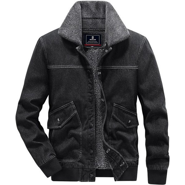 Zimowa MęSka Kurtka Aksamitna Z Podszewką MęSka Kurtka DżInsowa W Stylu Retro Kurtka Z Klapami CiepłA Kurtka Z Podszewką 2XL Black-image
