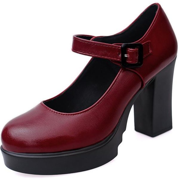 Modne Damskie Buty Na Grubym Obcasie Z OkrąGłYm Noskiem I PłYtkim Wysokim Obcasem 35 Koloru Czerwonego Wina-image