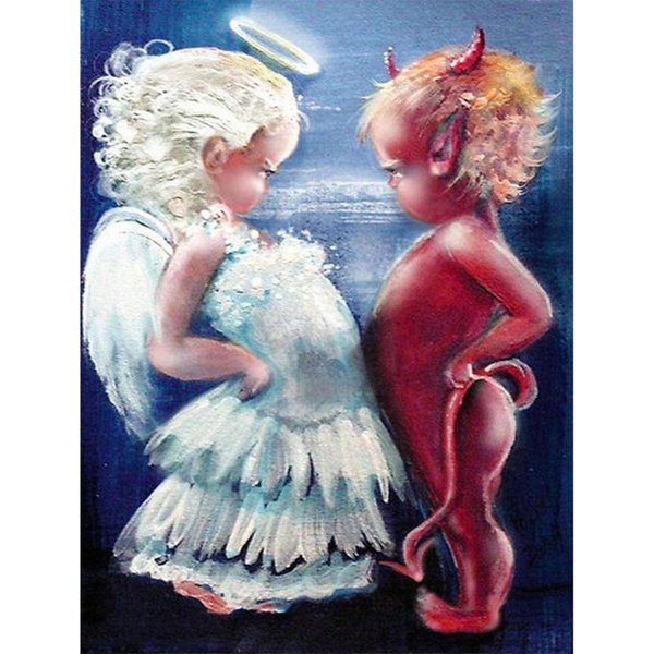 5D Diy Diamante Redondo ÁNgel Diablo Pintura Punto De Cruz Bordado De Diamantes 20X30CM-image