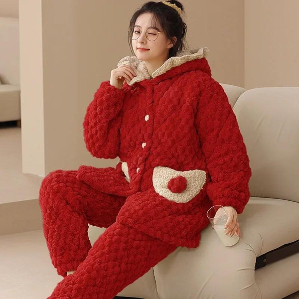 Pijama De Franela CáLida De Invierno Para NiñA, Conjunto De Pijama Con Solapa Y CáRdigan, Pijama De Tres Capas CáLido De Forro Polar Coral. M-image