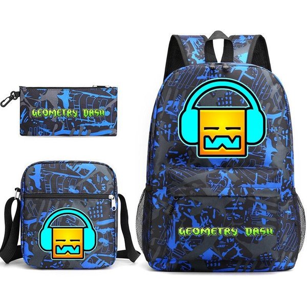 Geometryczna Geometrydash TrzyczęśCiowy Tornister Szkolny Dla UcznióW PłCi MęSkiej I ŻEńSkiej Campus PióRnik Torba PłóCienna Three-Piece Set (Backpack + Satchel + Pencil Case)-image