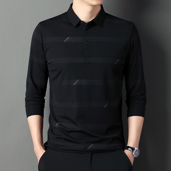 Camisetas De Manga Larga A Rayas Para Hombre De Primavera Y OtoñO, Polos Casuales De Solapa Suelta Para Hombres De Mediana Edad Xxxxl Black-image