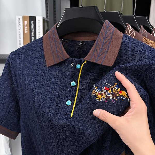 Camisa Polo Para Hombre Cuello Solapa Manga Corta Camiseta Verano Caballo Bordado Ultra Fina Transpirable Moda Ropa De Hombre Top XXL Azul-image