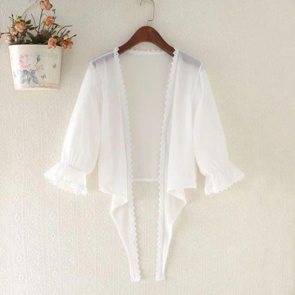 CáRdigan De Gasa Blanco Transparente Con Malla Y Mangas Estilo Pagoda Para Mujer, Ropa De ProteccióN Solar, Abrigo Corto Y Fino Con Tirantes A Juego Para Verano. L Blanco-image