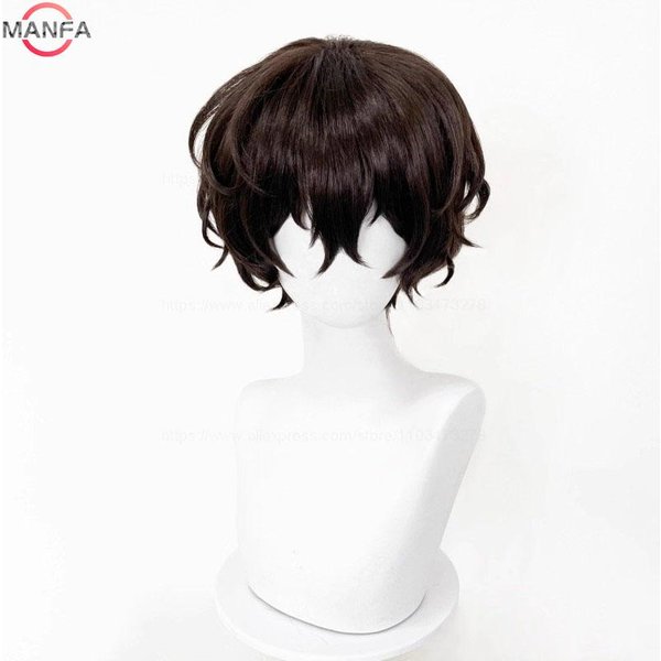 Cosplay De Alta Calidad De Dazai Osamu Anime Cosplay Cabello SintéTico MarróN Corto Resistente Al Calor Pelucas Para Role Play De Anime + Gorra Para Peluca Black-image
