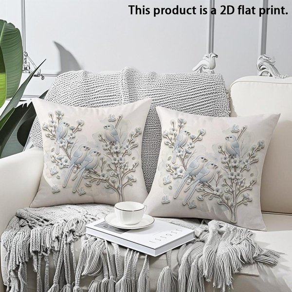 2 Szt. Vintage Poszewki Na Poduszki Dekoracyjne Wiosenny Ptak I Kwiaty PłAski Druk 2D Poszewki Na Poduszki Dekoracyjne Do Sofy Sypialni Poszewka Na Poduszkę 50X50Cm Gray-image