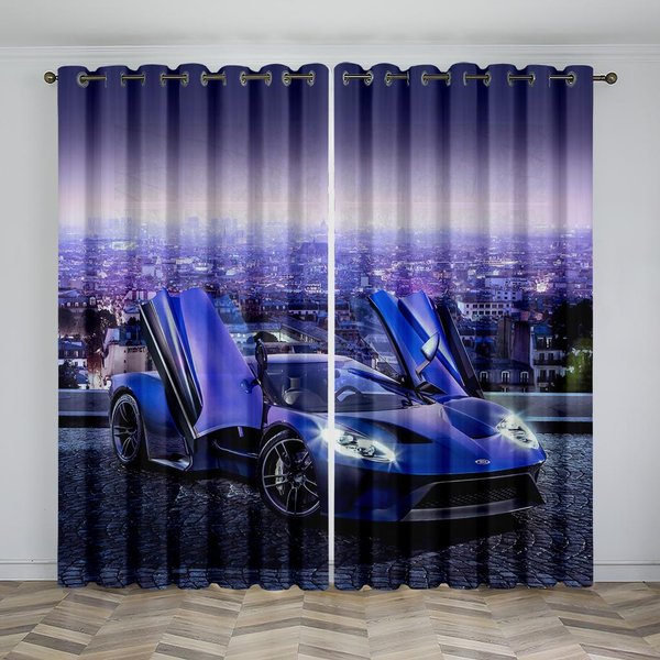 Czarne Fajne Auto Sportowe WzóR Nadruku Filmowego Nowoczesne ChłOpięCe ZasłOny Okienne Do Salonu Sypialni Kuchni 2 Sztuki Dekoracja 140W160H(Cm)55X63In&Rod Pocket-image