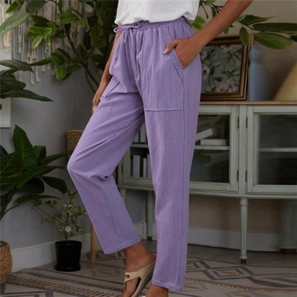 Pantalones De Lino Y AlgodóN Para Mujer, PantalóN Informal, Holgado, Con Bolsillos De Color SóLido, Cintura EláStica 5XL Gray-image
