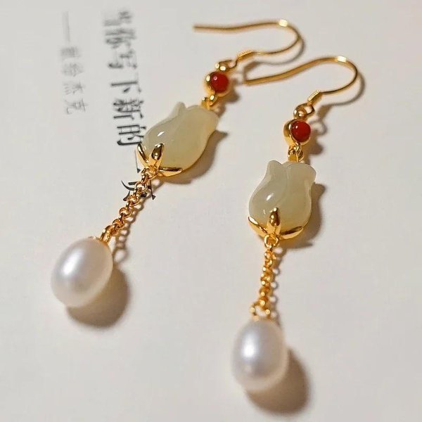 Pendientes De Perlas Con Flores De Jade Hotan Natural Para Mujer Vintage ArtesaníA De Oro Antigua Lujo Estilo De Corte Pendiente Largo JoyeríA Hanfu-image