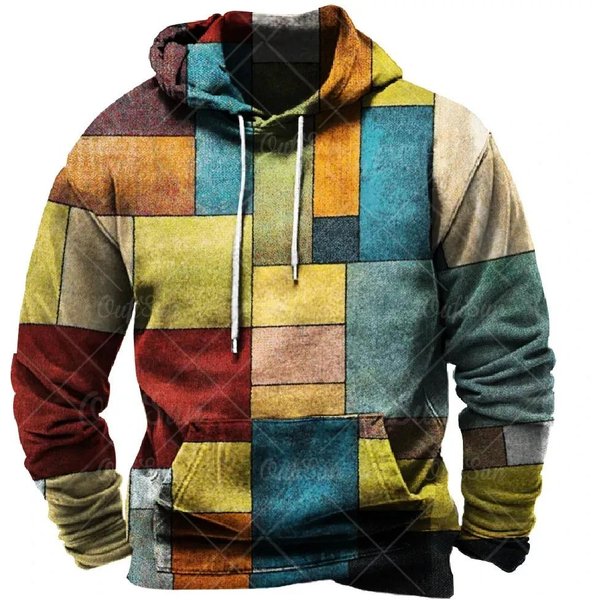 Nowa Retro MęSka Bluza Z Kapturem 3D W Kratę Z Nadrukiem Kolorowa Bluza Z Kapturem Bluza Z DłUgim RęKawem Pulower Street MęSka Codzienna LuźNa GóRa Wygodna L Beige-image