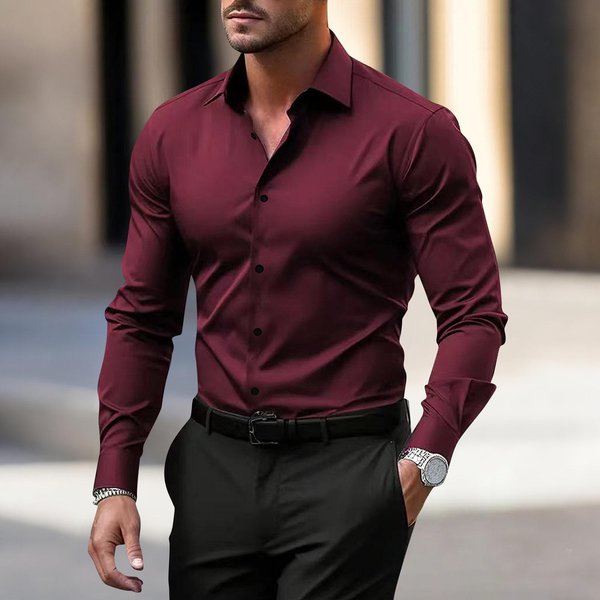 Camisa De Vestir De Manga Larga Para Hombre Corte CláSico Botones Camisa Formal De Negocios Con Cuello Para Trabajo De Oficina Xxxl Vino-image