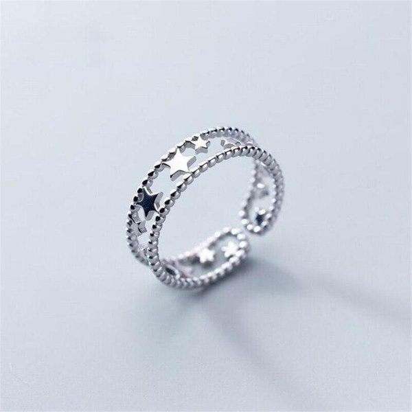 Nueva Exquisita Doble Capa Estrella Hueca Plata De Ley 925 JoyeríA Temperamento Dulce Personalidad Anillos Abiertos TYB12 Gray-image