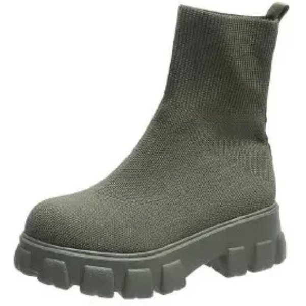 Zapatos De Mujer Talla Grande Botas De Tobillo Para Mujer Botas De Punto EláStico Mujer Punta Redonda Slip-On TacóN Cuadrado Plataforma Zapatos Femeninos 43 Verde Del EjéRcito-image