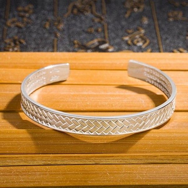 Pulseras Trenzadas Retro De Personalidad De Moda Nueva JoyeríA De Plata De Ley 925 Brazaletes Abiertos Sutra Del CorazóN Budista Tyb121 Plata-image