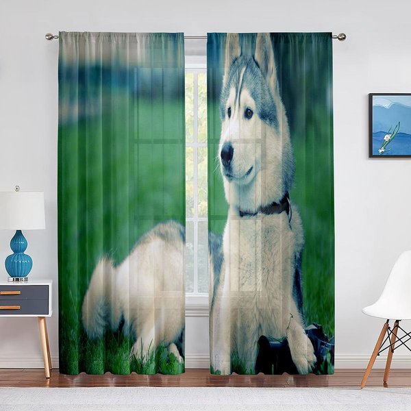 Zimowy ŚNieżNy Pies Husky Urocze Zwierzę Szczeniak Przezroczyste Woalowe ZasłOny Do Dekoracji Salonu Sypialni Kuchni Szyfonowe Tiulowe ZasłOny Okienne 1 PCS W100Xh250Cm&Grommet Top Gray-image