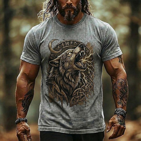 Camiseta Vikingo Lobo Runa NóRdica Hombre Mezcla De AlgodóN Lavado Camiseta GráFica Nudo Celta MitologíA Streetwear Top Ropa Apparel S M L XL XXL Xxxl M Gray-image