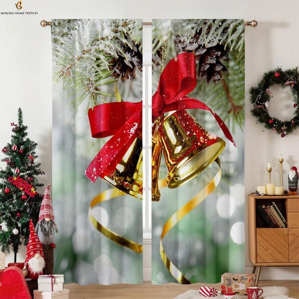 Campana De Papá Noel Cortinas Estampadas De Dibujos Animados Fibra De PoliéSter HabitacióN Infantil Restaurante Fiesta DecoracióN De Ventana Cortinas 2 Piezas W50Xh130(Cm)X2Pcs&Rod Pocket-image