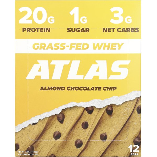 Barra Atlas, Barra De ProteíNa De Suero De Leche De Vacas Alimentadas Con Pasto, Almendras Con Chispas De Chocolate, 12 Barras, 54 G (54 G) Cada-image